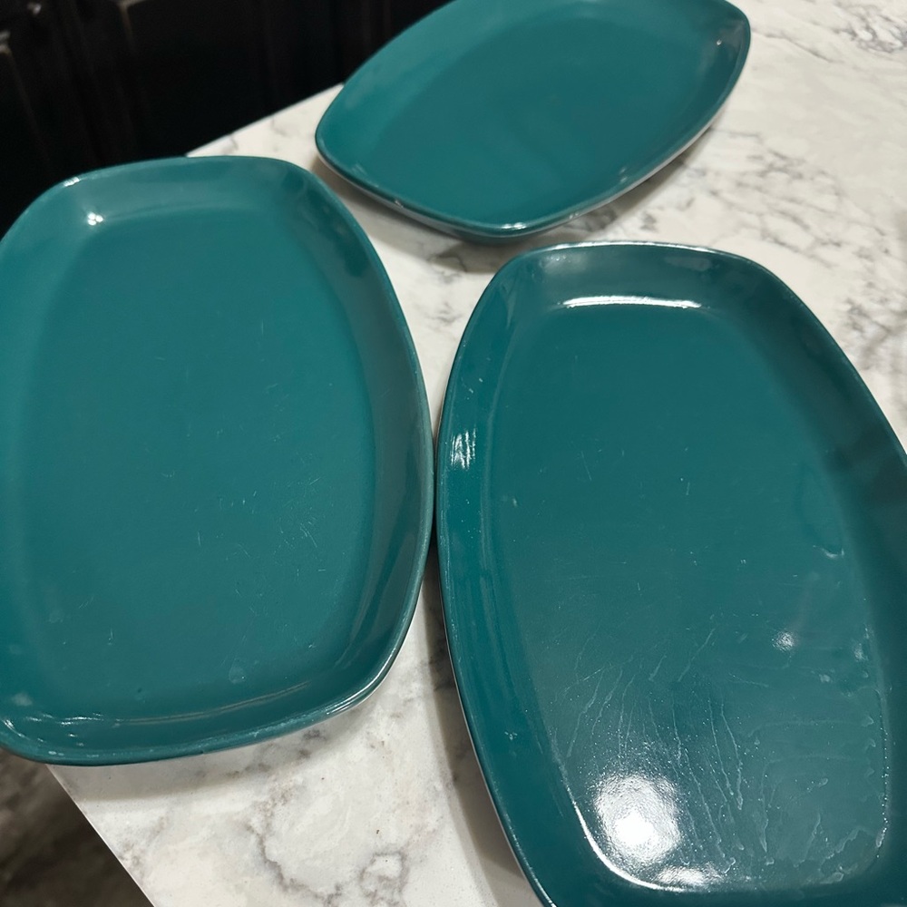 Frankoma pottery blue green serving trays- set of 3
